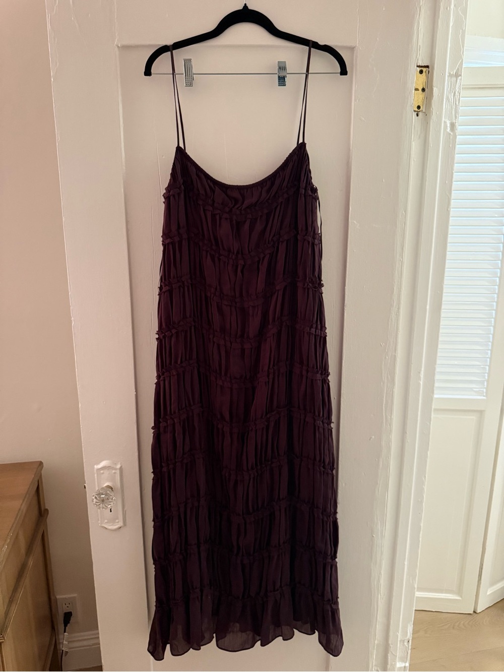 Massimo Dutti Burgundy Ruched Ruffle Maxi Dress Size L